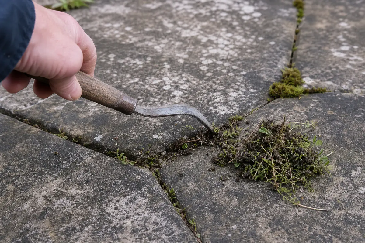 Couteau à désherber retirant les herbes installées dans le joint d’une terrasse en dalles de pierre