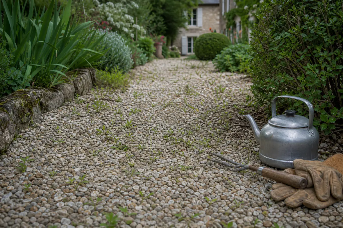 Allée de gravier envahie de jeunes pousses vertes dans un jardin français, brosse et arrosoir d'eau bouillante posés à côté