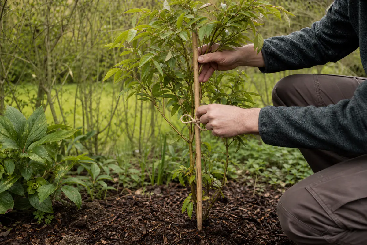 Jardinier redressant un jeune arbuste tuteuré après le vent dans un jardin français au feuillage couché.