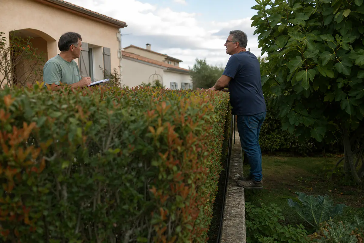 Deux voisins discutant calmement près d’une haie taillée, dans un jardin résidentiel français lumineux et soigné.