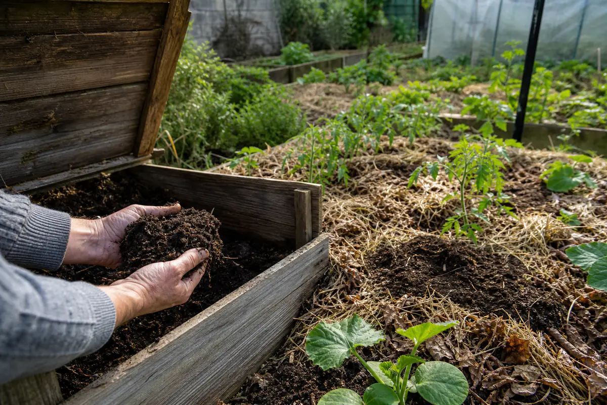 Potager français couvert de paille, bac à compost ouvert et jeunes légumes sous une lumière naturelle douce