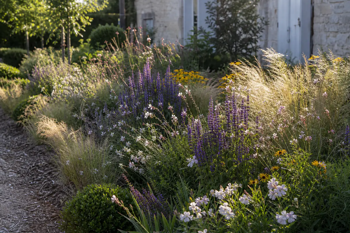 Massif de vivaces et annuelles jaunes, roses et violettes dans un jardin français ensoleillé et paillé