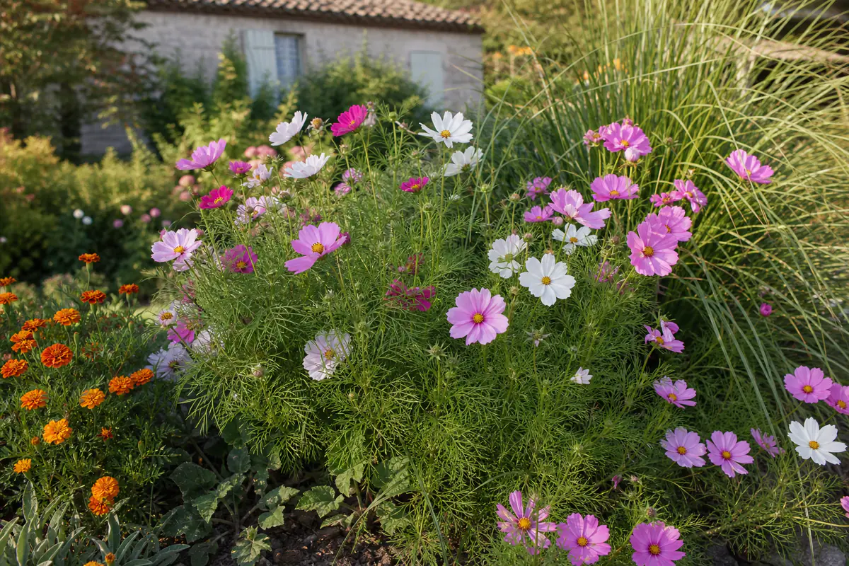 Touffe de cosmos roses et blancs en fleurs dans un massif ensoleillé de jardin français, avec feuillage aérien
