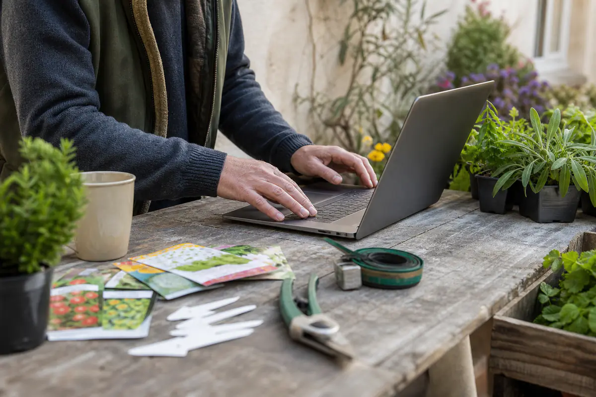 Jardinière préparant une commande de plantes et d’outils sur une table en bois dans un jardin français.