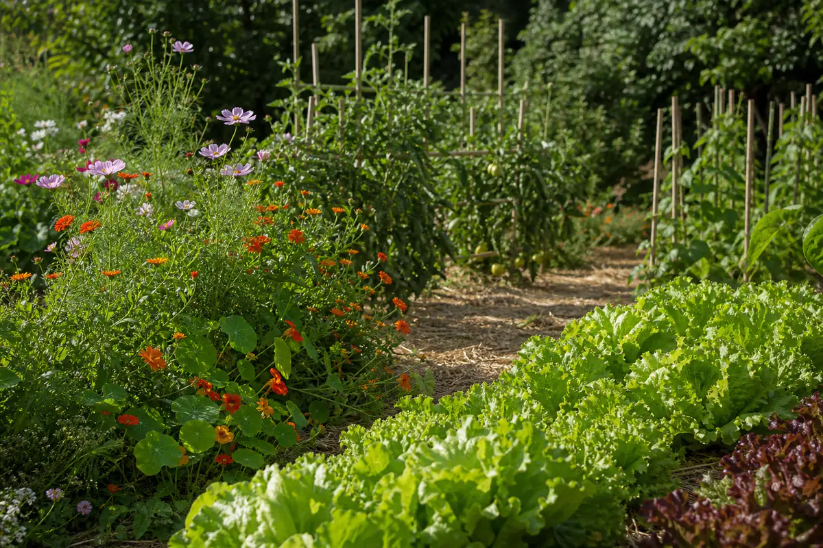 Potager français fleuri avec rangs de légumes, soucis, capucines et cosmos sous une lumière douce d’été