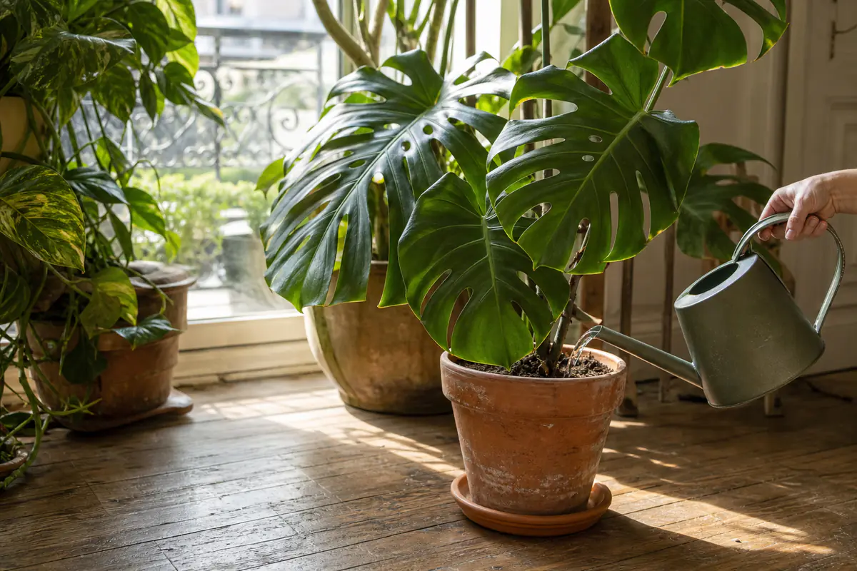 Arrosoir versant une solution d’engrais dilué au pied d’un monstera en pot devant une fenêtre lumineuse