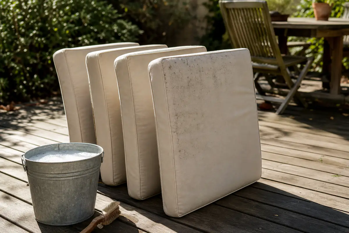 Coussins de salon de jardin en tissu clair posés debout au soleil pour sécher, à côté d'une brosse et d'un seau