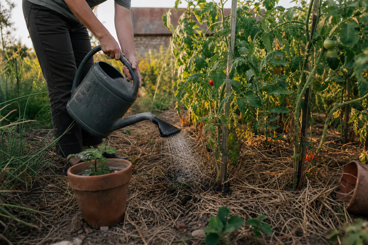 Jardinier arrosant au pied des plants de tomates dans un potager français à la tombée du jour