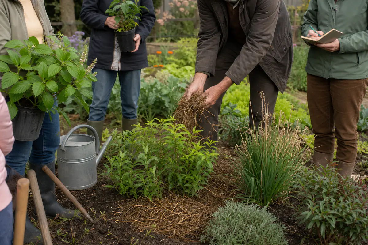Jardiniers échangeant des plantes et observant une démonstration dans un jardin français en septembre