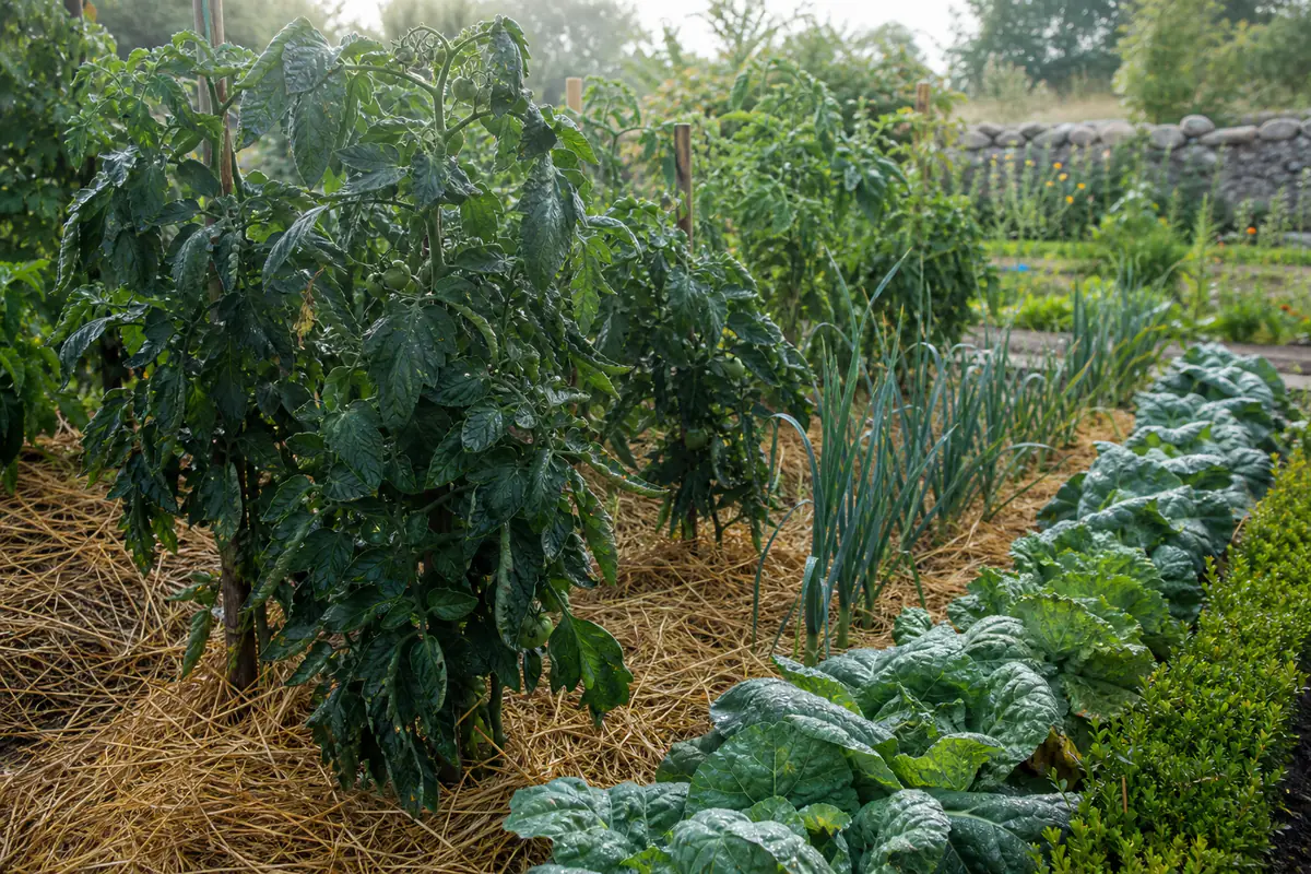 Plants de tomates au feuillage vert sombre et exubérant dans un potager français, paillage de paille au pied