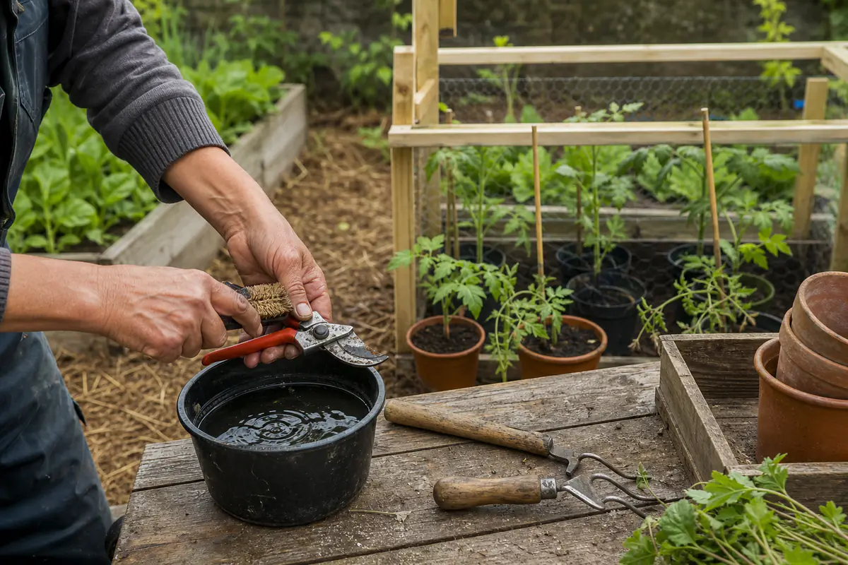 Jardinière nettoyant un sécateur près de jeunes plants isolés dans un jardin potager français lumineux