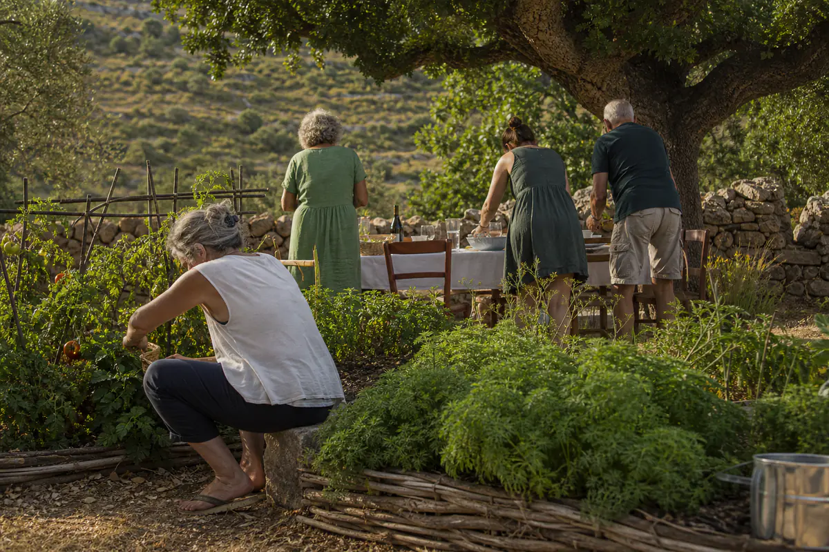 Groupe de voisins jardinant puis partageant un repas sous un arbre dans un jardin du Minervois