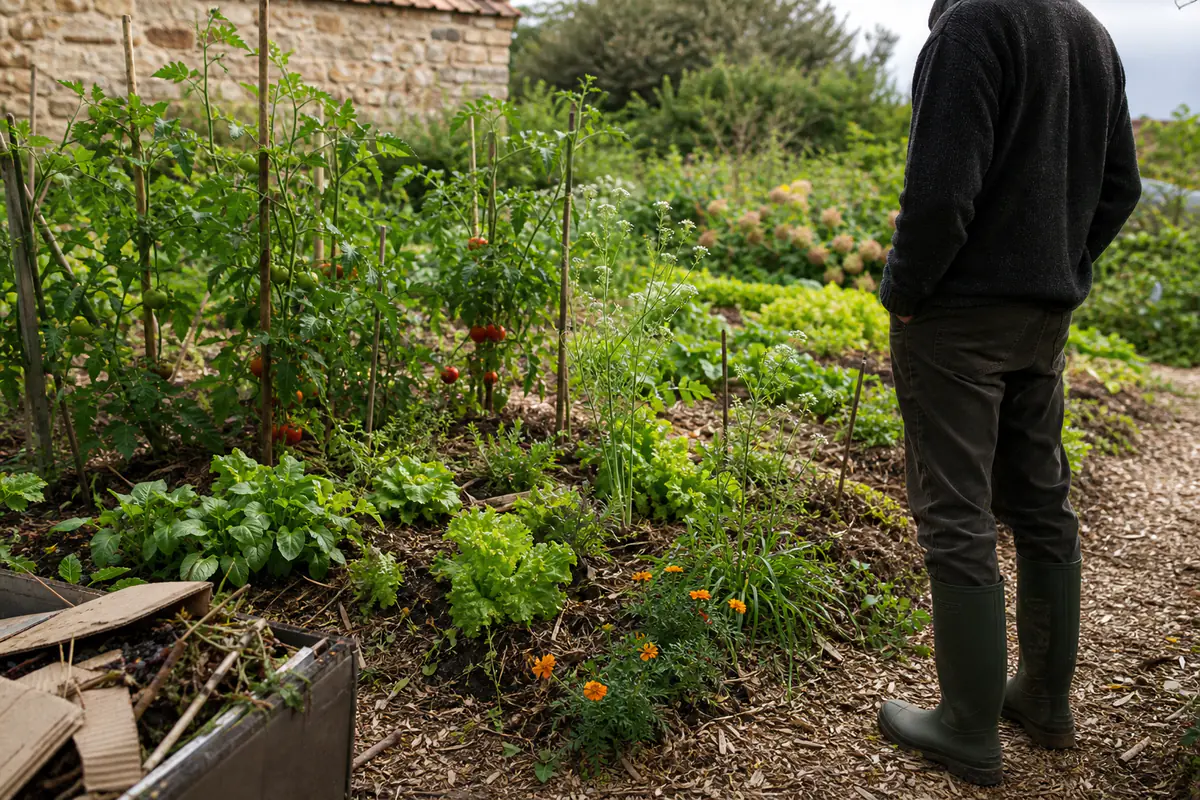 Jardinier observant un potager paillé, bordé de fleurs et d’aromatiques, lors d’une matinée douce au jardin