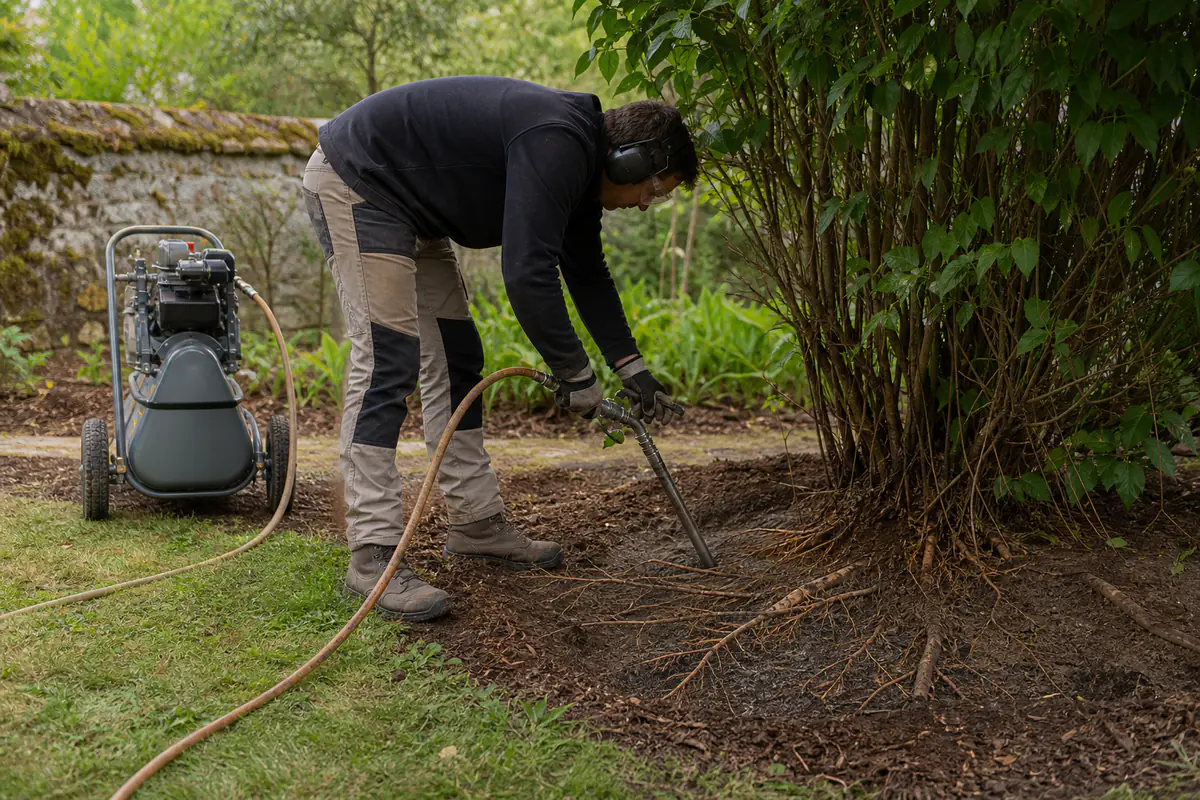 Jardinier équipé utilisant une lance pneumatique près d’un arbuste, sans toucher ses racines apparentes