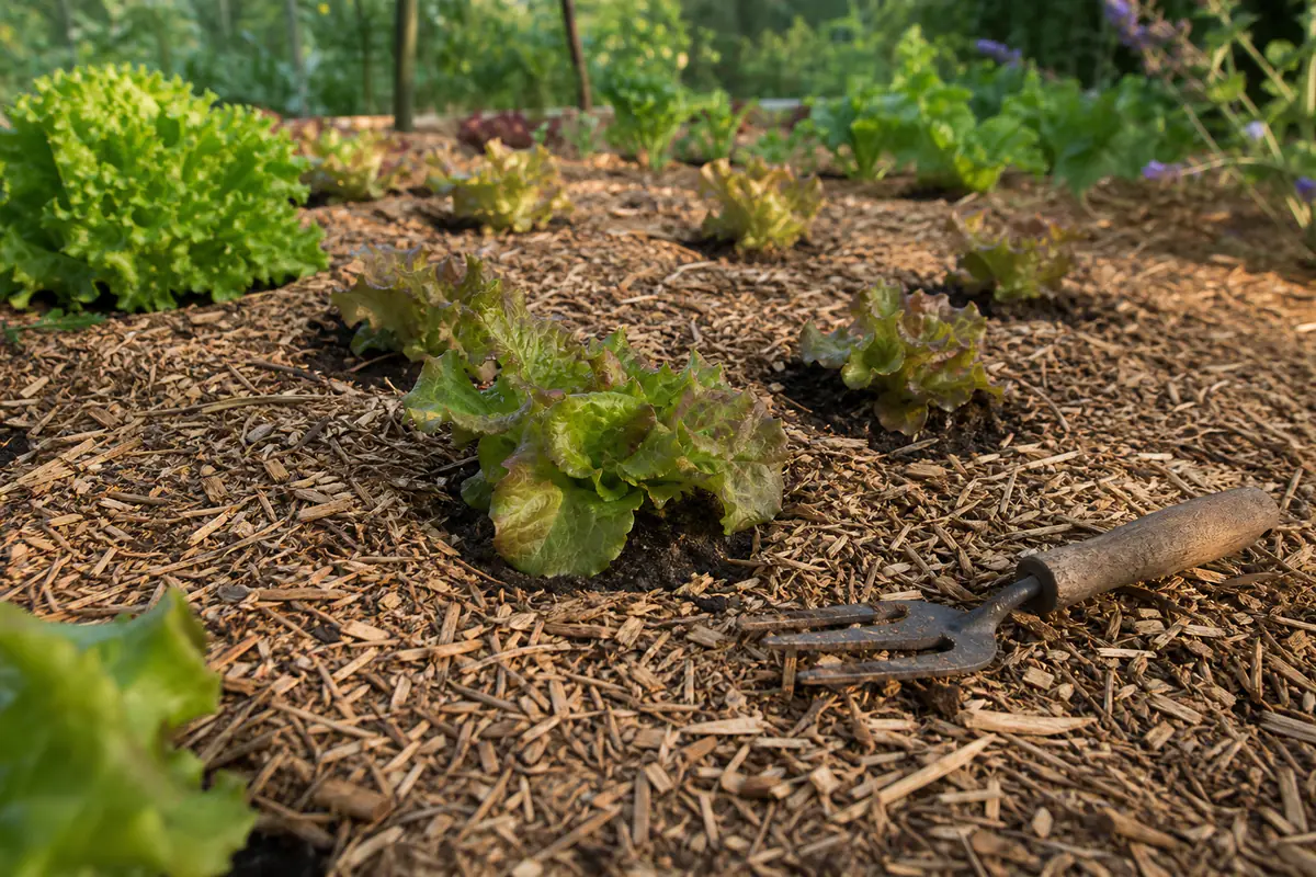 Paillis de broyat de branches étalé au potager entre des salades, collets dégagés sur la terre nue au petit matin