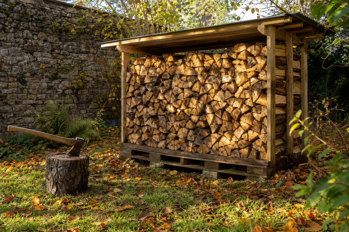 Bûcher en bois couvert d'un petit toit, rempli de bûches fendues bien empilées au fond d'un jardin en automne