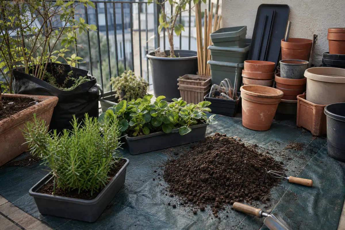 Jardinière de balcon démontée avec pots propres, terreau trié et aromatiques prêtes à être replantées