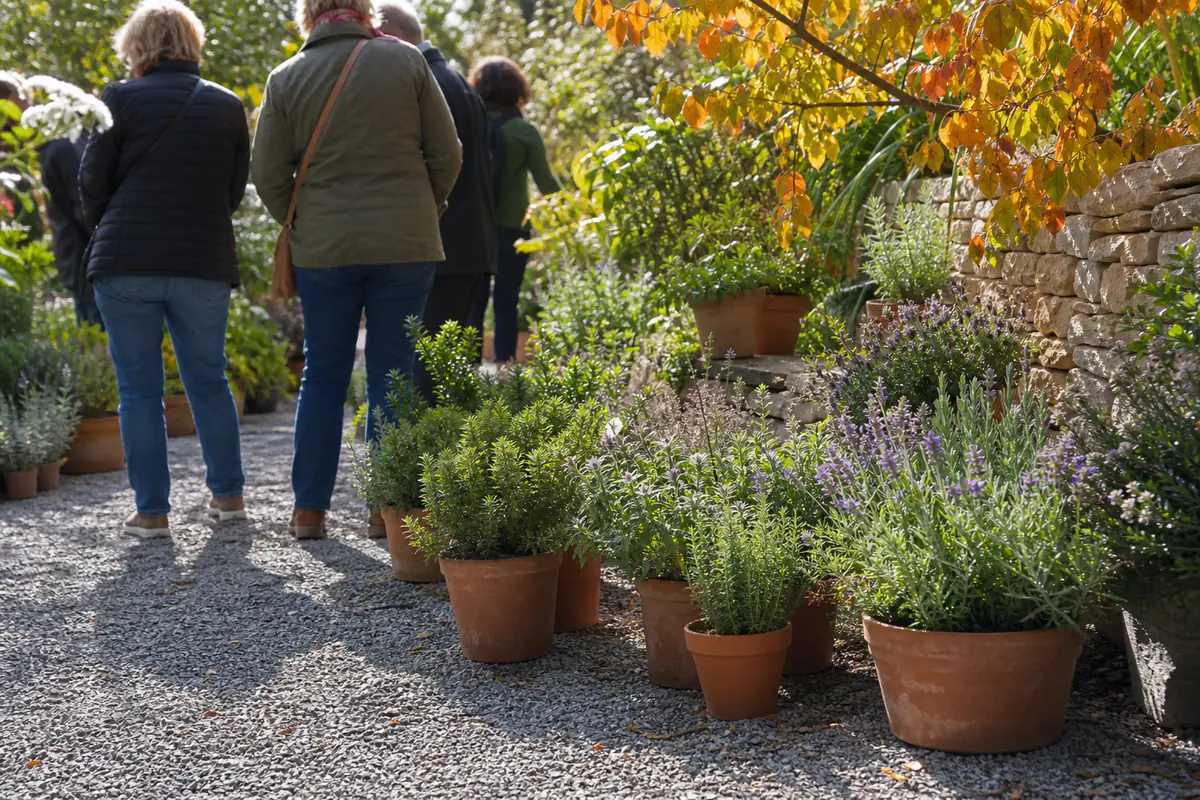 Visiteurs observant des vivaces sobres et des arbustes en pots lors d’un festival de jardinage méditerranéen d’automne