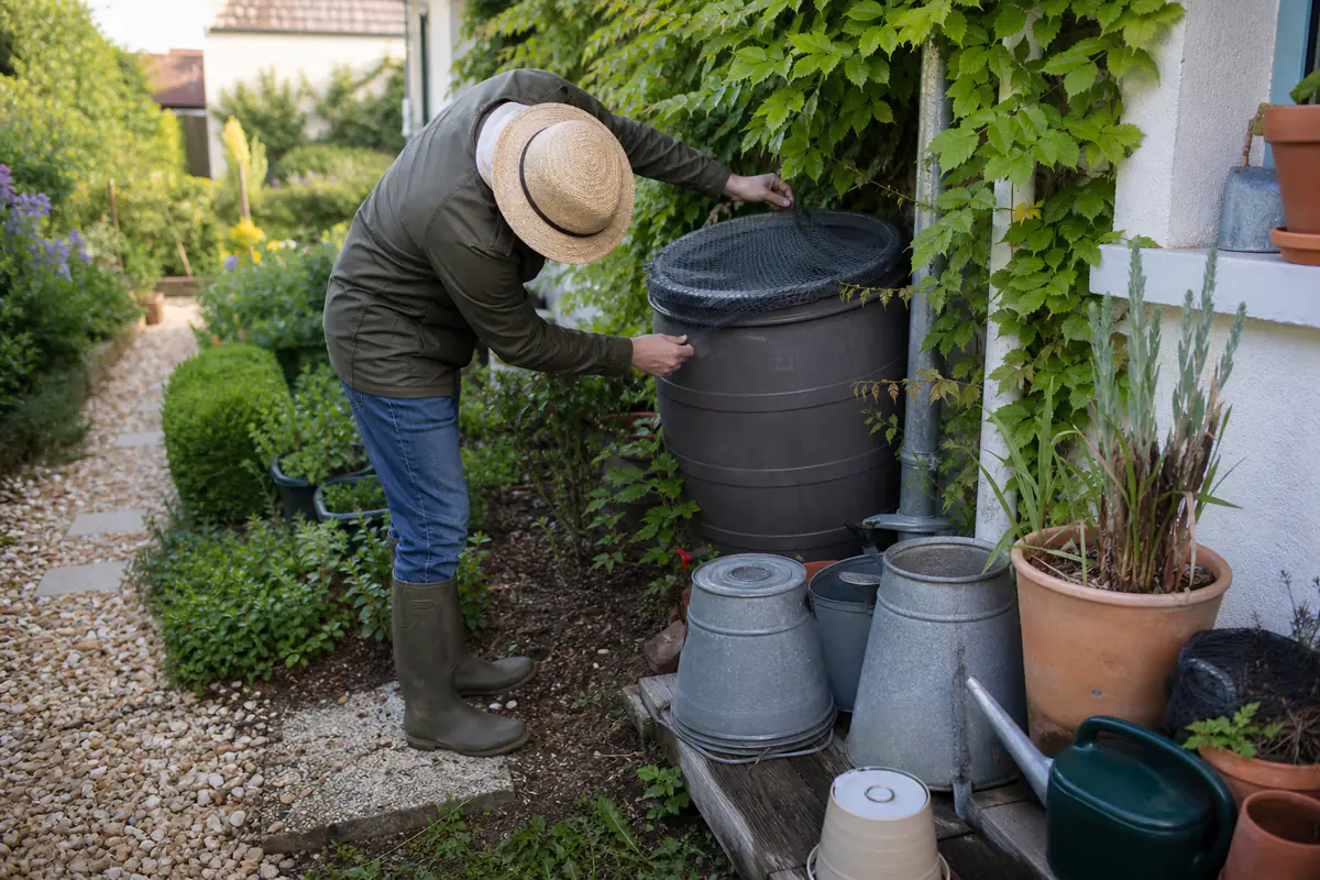 Jardin français avec récupérateur d’eau couvert, pots rangés et contrôle des eaux stagnantes au printemps