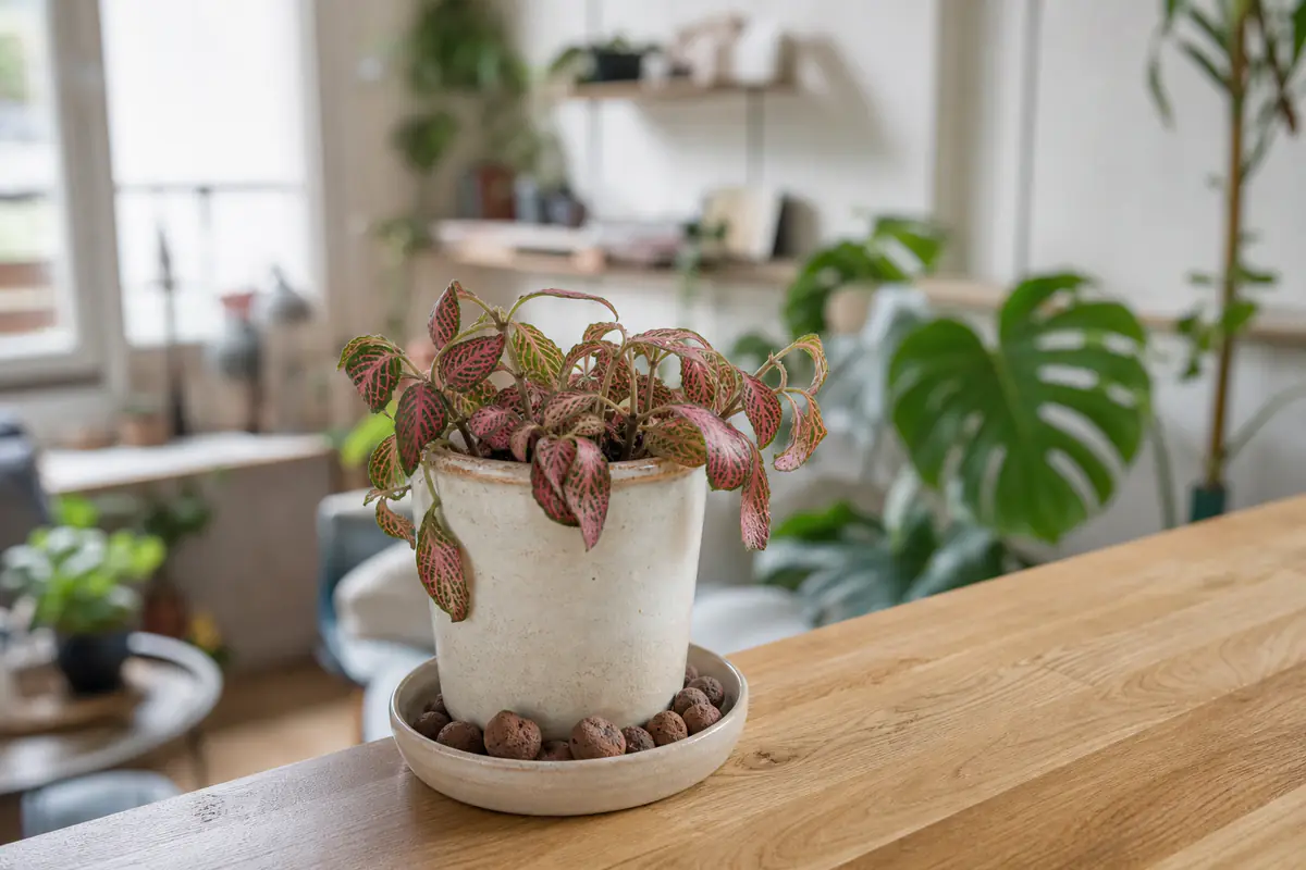 Fittonia aux feuilles veinées de rose légèrement affaissées dans un intérieur français humide