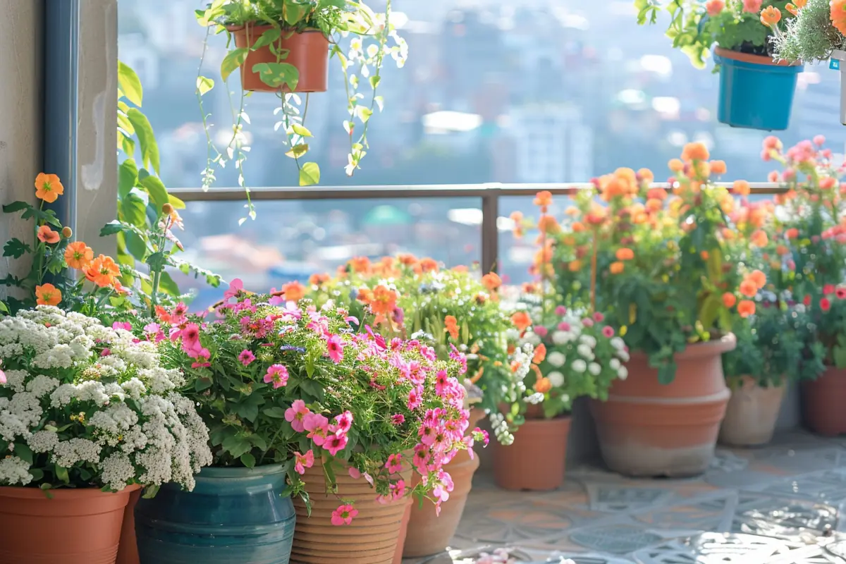 Balcon français fleuri de jardinières colorées, plantes retombantes et pots en terre cuite au soleil doux