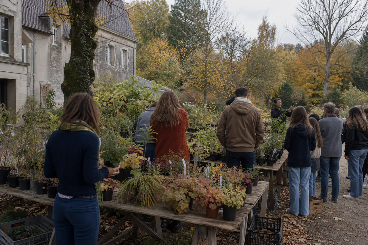 Des étudiants préparent des plantes étiquetées sur des tables en bois lors d’une foire automnale au jardin.