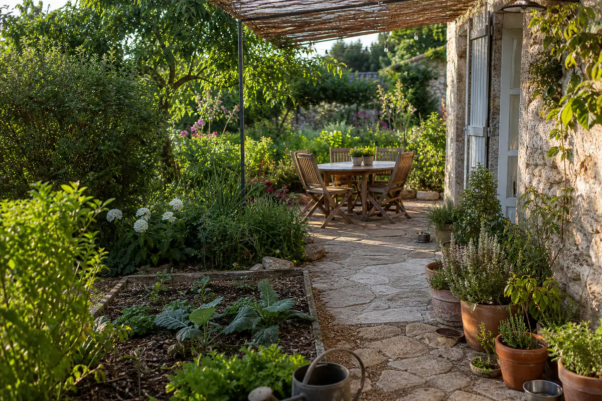 Jardin français convivial avec terrasse ombragée, aromatiques en pots, massifs fleuris et potager familial soigné