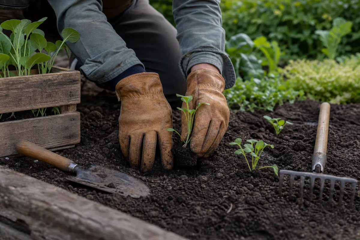 Mains portant des gants de jardinage en cuir souple pour repiquer des plants dans un potager français