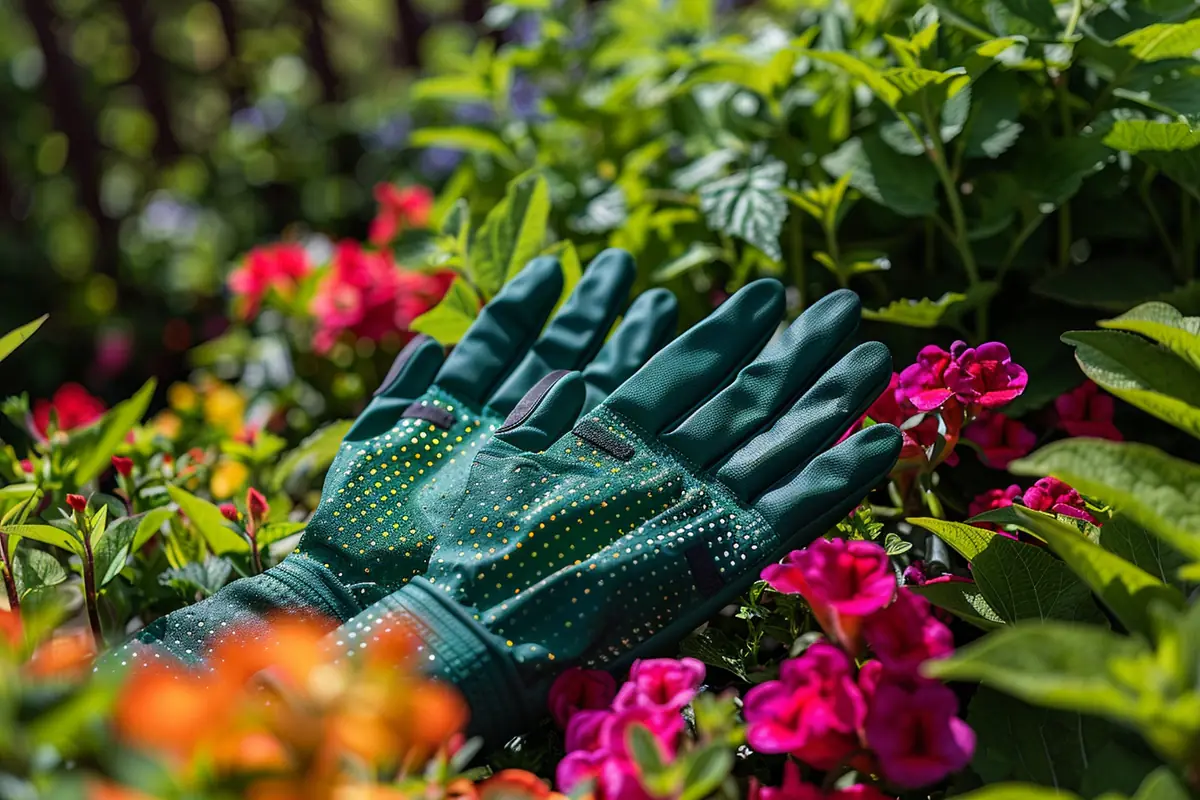 Deux paires de gants de jardinage, l'une fine et l'autre en cuir, posées près d'un potager fleuri.