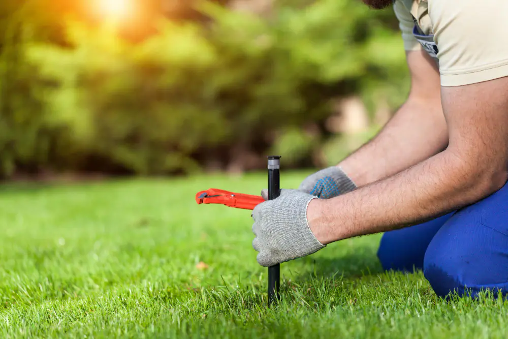 Jardinier semant des graines de regarnissage sur une pelouse clairsemée après une tonte courte