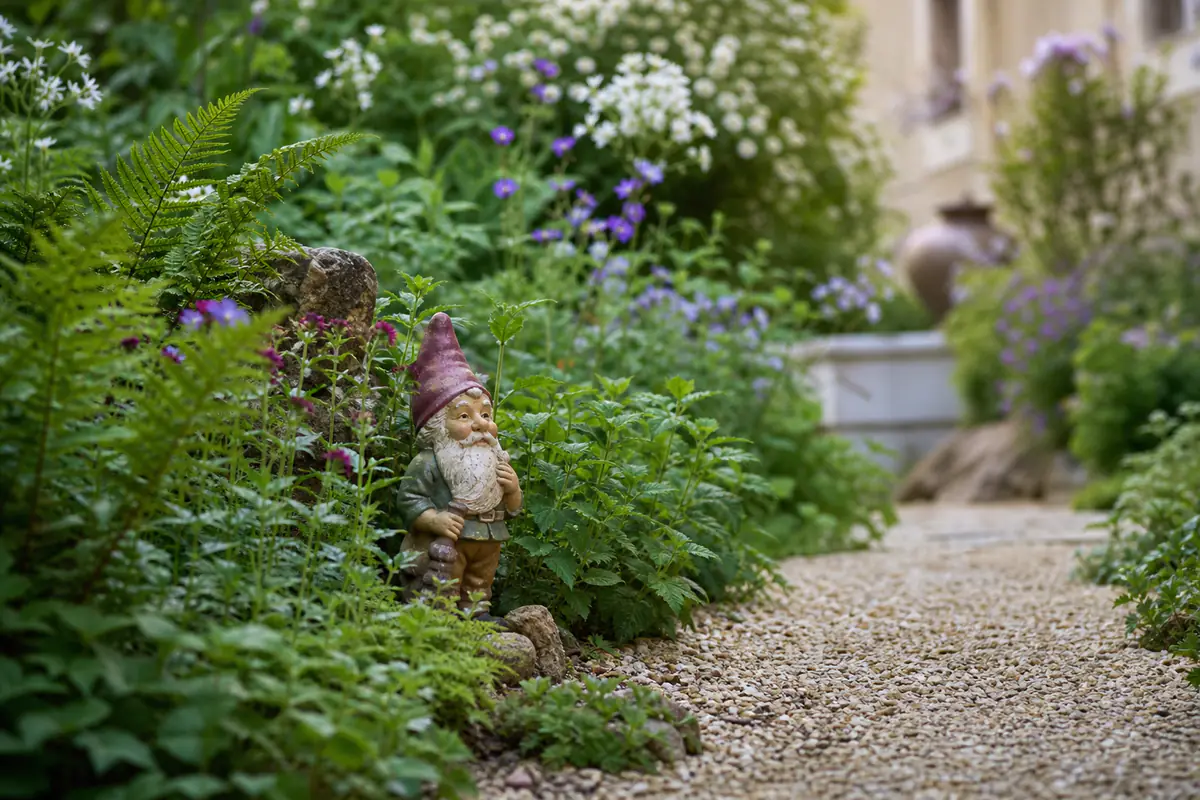 Nain de jardin en résine patinée installé parmi des fougères et des vivaces dans un jardin français lumineux