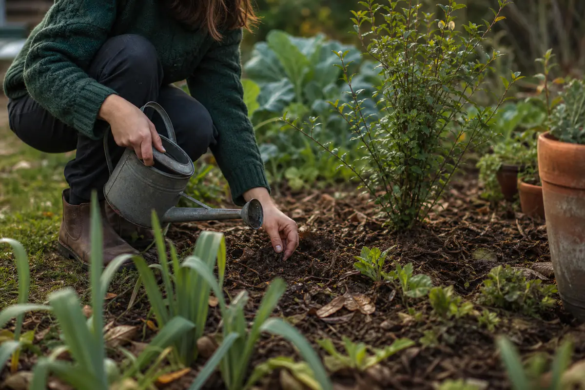 Jardinier vérifiant l’humidité d’un massif avec la main avant un arrosage d’automne ciblé