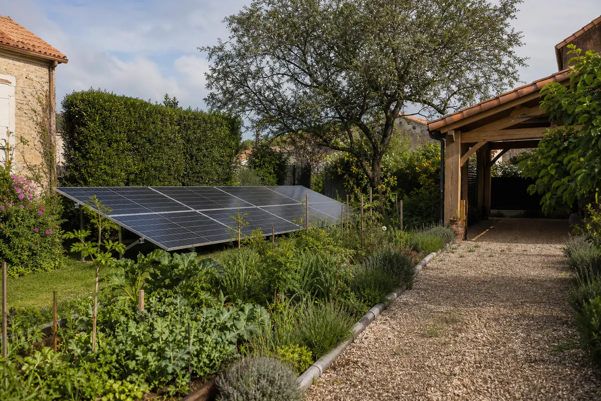 Panneaux photovoltaïques bas installés dans un jardin français, près d’un potager et d’un carport en bois