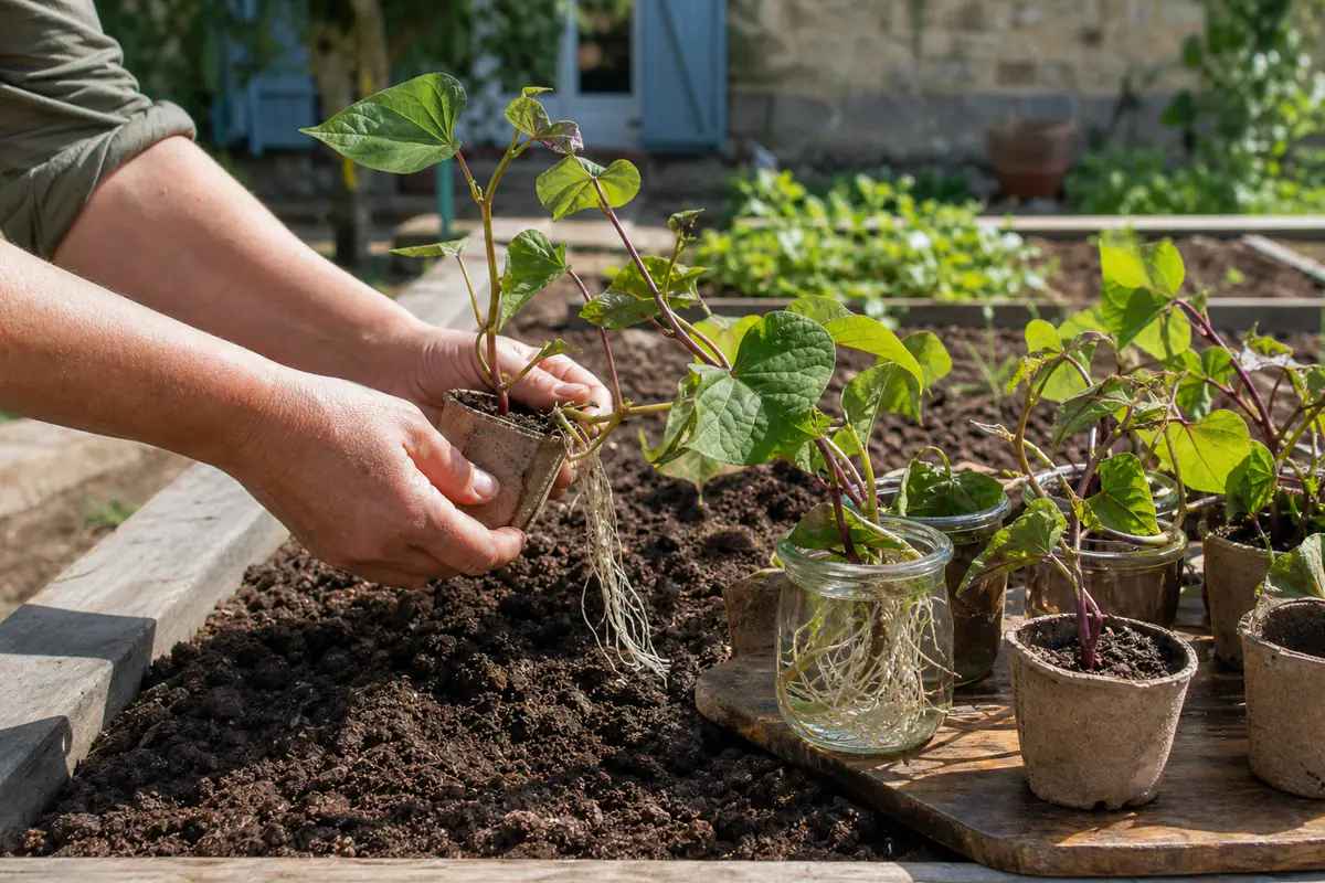 Jeunes boutures de patate douce aux racines blanches prêtes à être plantées dans un potager ensoleillé