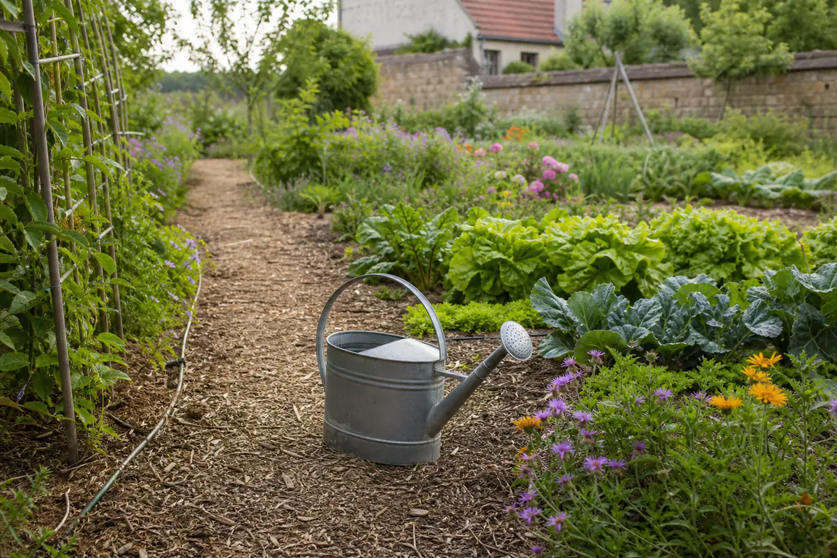 Jardin français naturel paillé avec vivaces, potager sain et arrosoir posé près d’un massif fleuri