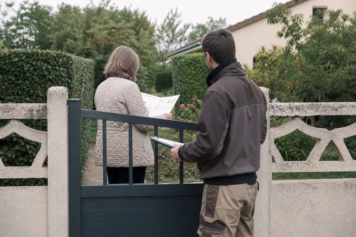Propriétaire dans son jardin français vérifiant un devis avant de laisser entrer un jardinier à son portail