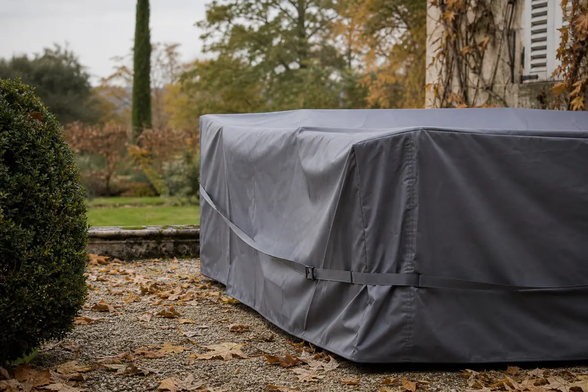 Salon de jardin recouvert d'une housse de protection ajustée dans un jardin français en automne