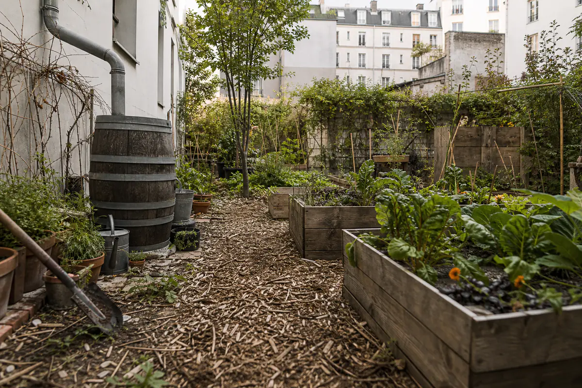 Habitants aménageant des bacs potagers et des fleurs dans une cour urbaine végétalisée et lumineuse