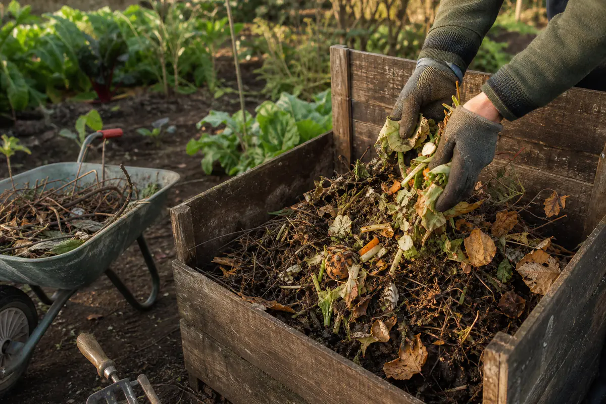 Atelier pratique de compostage au jardin, avec bac en bois et matières brunes et vertes prêtes à être mélangées