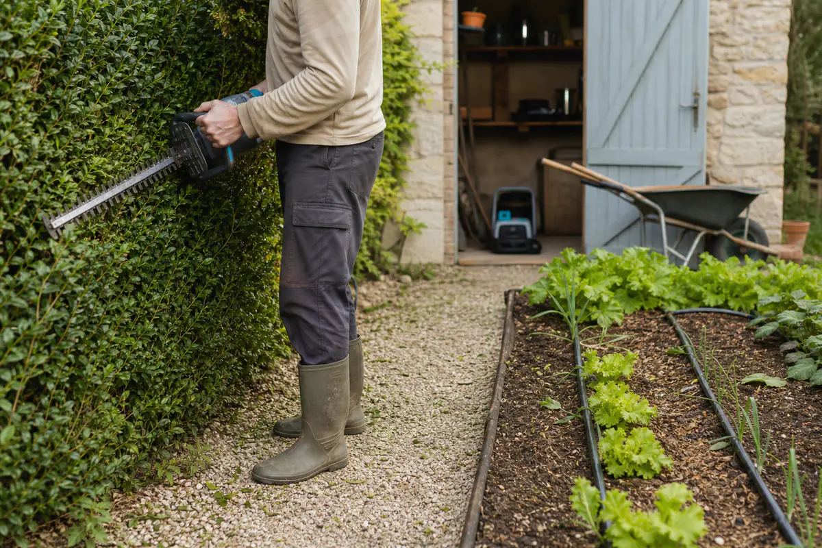 Jardinier utilisant un taille-haie sur batterie près d’un potager équipé d’un arrosage goutte-à-goutte