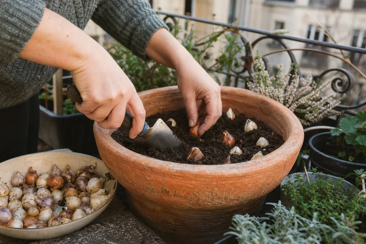 Jardinière en terre cuite garnie de bulbes plantés en couches sur un petit balcon français lumineux