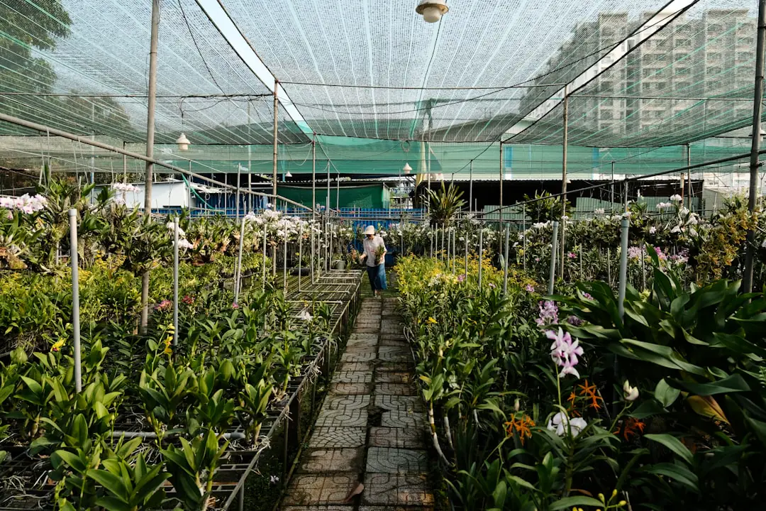 Jardinier horticole en tenue de travail contrôlant des massifs fleuris dans un grand jardin public au lever du jour