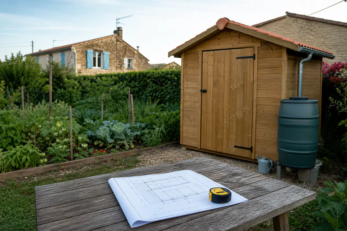 Abri de jardin en bois dans un jardin français, avec plan coté et mètre ruban posés sur une table extérieure.