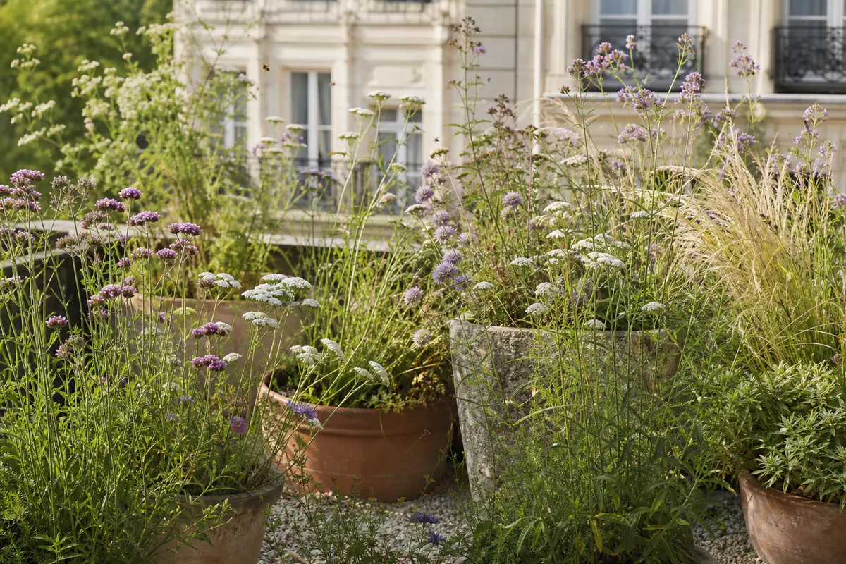 Jardin de prairie en conteneur fleuri avec graminées et vivaces sur un balcon urbain ensoleillé