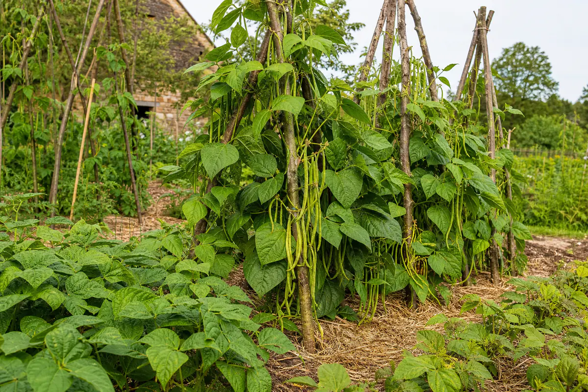 Rames de haricots verts chargées de gousses dans un potager français ensoleillé, avec paillage au pied