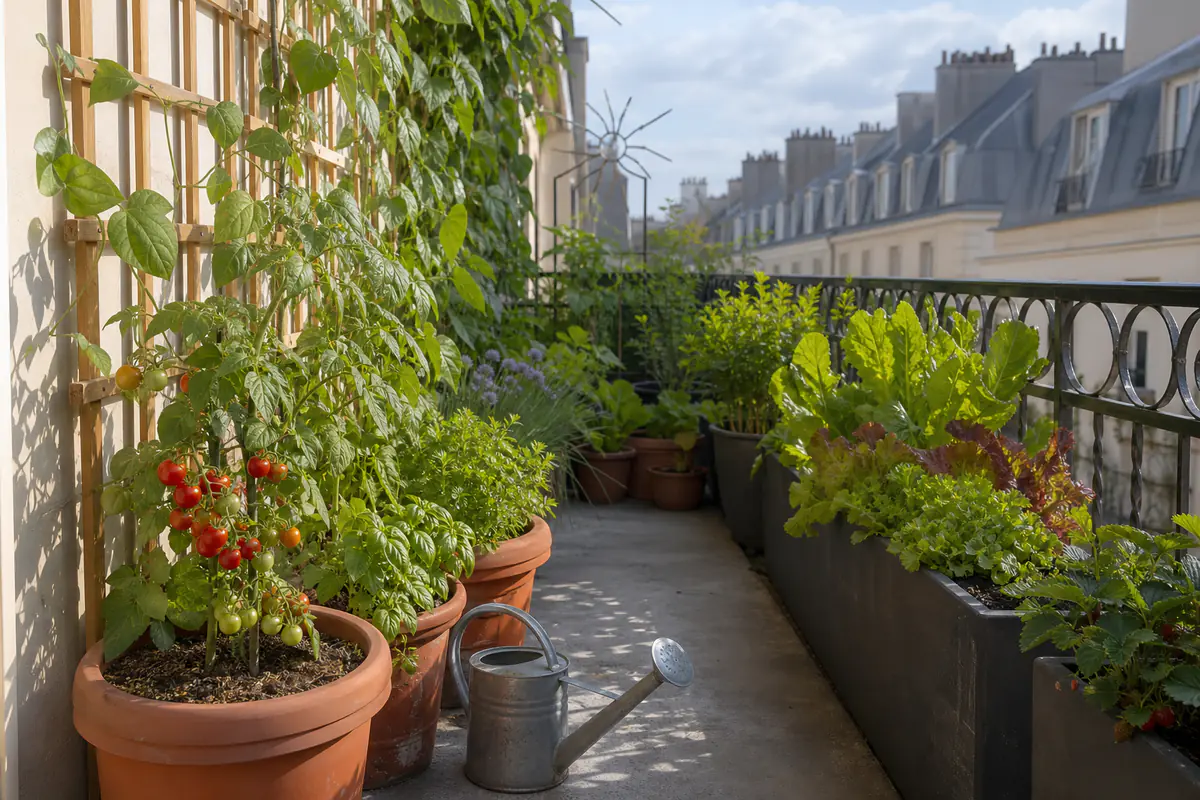 Balcon français lumineux aménagé avec bacs de tomates, aromatiques, salades et treillis vertical compact