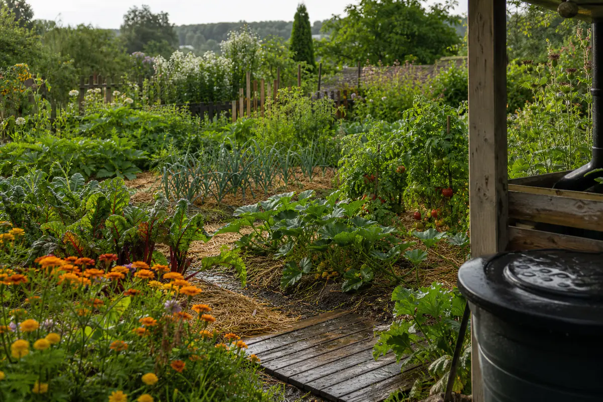 Potager agroécologique couvert de paillage, avec légumes diversifiés, fleurs utiles et récupération d’eau de pluie