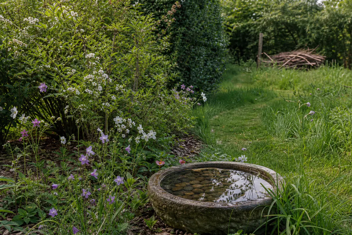 Jardin français naturel avec fleurs sauvages, haie variée, paillage et petit point d'eau pour la faune