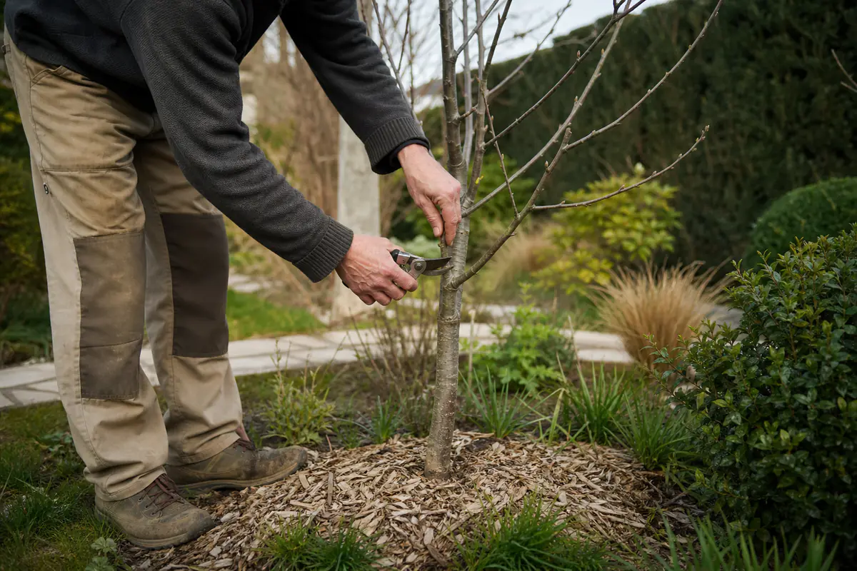 Jardinier taillant délicatement une petite branche au collet d’un jeune arbre dans un jardin français lumineux.