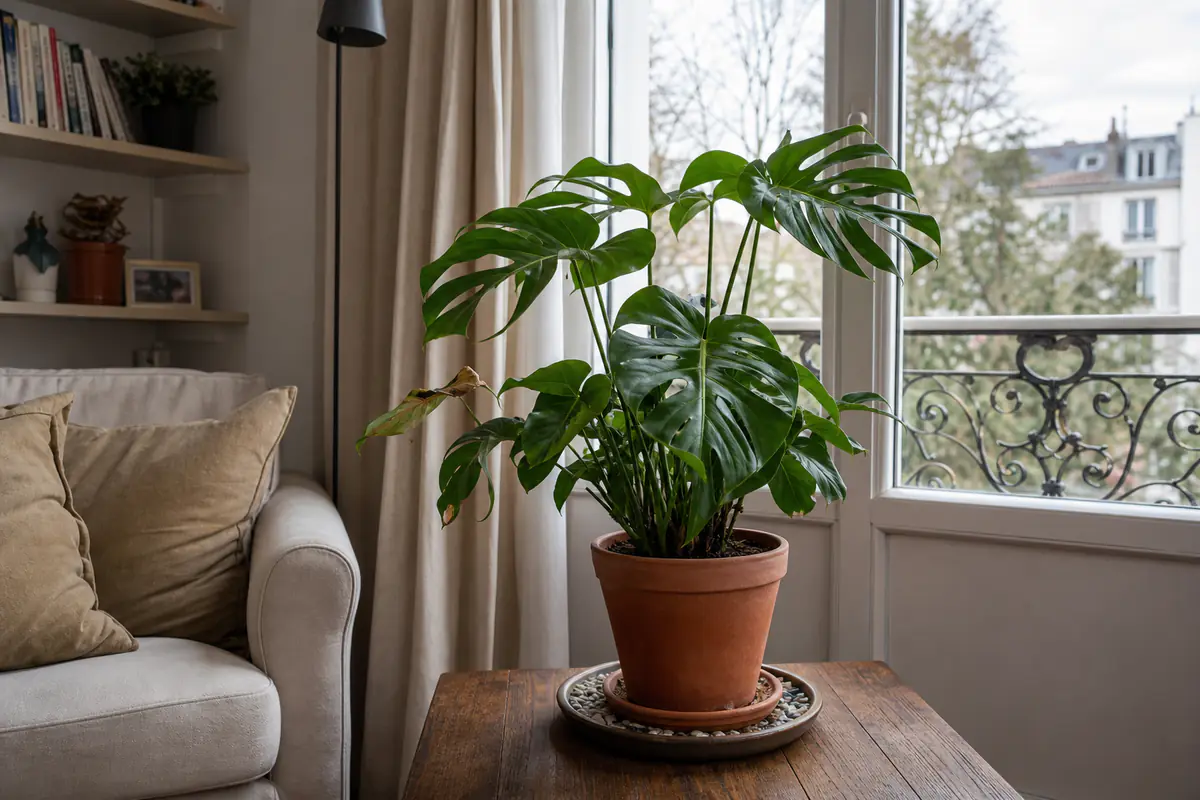 Plante tropicale d’intérieur aux pointes de feuilles brunes près d’une fenêtre en hiver, loin du radiateur